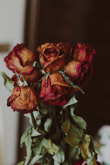 A close-up of a bouquet of dried roses with faded red and pink petals and withered green leaves, arranged in a rustic style and displayed in front of a dark wooden background. The bouquet is in a glas