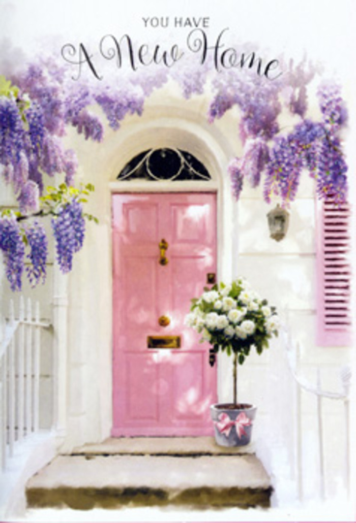 The scene unfolds like a calm, hopeful moment on a residential street in Camberwell, just as someone is about to cross the threshold into a new life. A painted pink front door stands tall at the centre, its matte finish softly diffusing the light that falls across it from a clear London sky. The pink is neither too bright nor too pale, but a gentle, welcoming blush, reminiscent of the pastel fronts you might pass near Camberwell Green. Surrounding this door, wisteria in full bloom sways overhead, draping in generous clusters of lavender and soft violet. Each hanging spray is composed of hundreds of tiny petals that seem to glow as shafts of sunlight filter through them, creating delicate shadows on the whitewashed walls. The walls themselves are smooth but faintly weathered, adding a hint of character that feels true to an older Camberwell terrace. A softly painted shutter, echoing the blush of the door, completes the framing and enhances the overall pastel palette. At ground level, placed right on the doorstep as if someone has just gently set it down, is a graceful florist's bucket in brushed grey metal. From it, lush white and cream roses spill out in abundance, each bloom layered and full, some slightly open, others still cupped with promise. Interwoven among them are stems of soft green foliage, adding texture and contrast without ever overpowering the calm elegance of the roses. A satin pink ribbon is wrapped neatly around the bucket and tied in a simple bow, its trailing ends soft against the hard stone step. Everything about the composition - the colours, the textures, the way light plays on each surface - conveys a sense of fresh beginnings. It feels like a heartfelt housewarming gesture for a new home in Camberwell, offering quiet joy, encouragement, and the tender wish that this doorway will hold many happy memories.